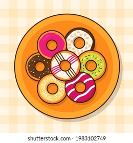 Top view of colorful tasty donuts on the orange dish. Delicious doughnut with glaze and sprinkles. Dessert and bakery concept. Sweet and yummy. Simple Trendy cute food cartoon vector illustration.