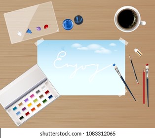 Top View Colors, Color palette, Paint Brush, Rubbers, Pencils Coffee cup on Wood background.