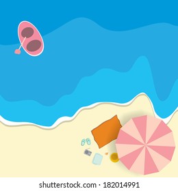 Top View Of Colourful Beach With Umbrella With Boat 