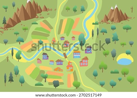 Top view of a colourful landscape map with rivers, bridges, houses, trees, and mountains. Rural areas, geography, travel concepts in a playful, cartoonish style. Aerial. View from above.