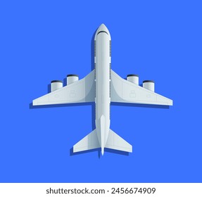 Top view of commercial airplane from a bottom-up view on a blue background, concept of air travel and transportation. Flat vector illustration