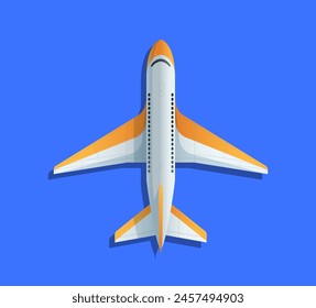 Top view of commercial airplane in flight, on a solid blue background, concept of air travel. Isolated vector illustration