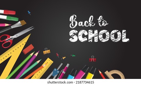 Top view of composition of colorful school supplies isolated on dark board background. Back-to-school concept vector illustration