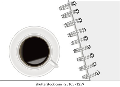 Top view composition mockup with spiral notebook, album, booklet, magazine and cup of coffee on white background. Suitable for your design.
