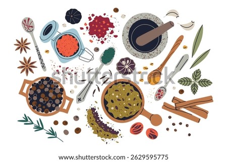 Top view composition with spices in wooden bowls and glass jars. Aesthetic layout with herbs, seasoning blends, kitchen tools vector illustrations, flat icons of cumin, turmeric, pepper