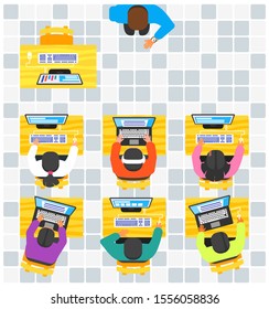 Top view of a Computer Based Test vector illustration and design. School, college, university or course concept element. Can be used for web, mobile, infographic, and print.