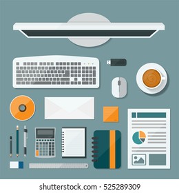 Top view computer of desk background, Flat vector design illustration of modern business office and workspace