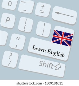 top view of computer keyboard with flag of United Kingdom and text Learn english. Flag of UK. Computer keyboard vector illustration