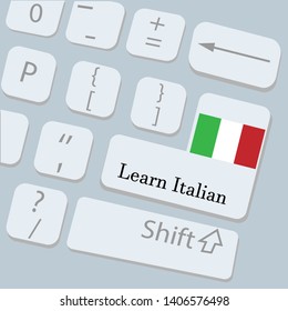 top view of computer keyboard with flag of Italy and text Learn italian. Computer keyboard vector illustration