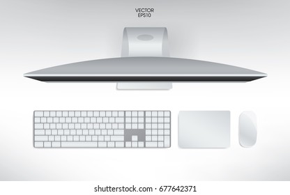 Top View Of Computer, Keyboard, Mouse And Track Pad. Mock Up Template For Adding Your Content Or Digital Business Concept. Vector Illustration.