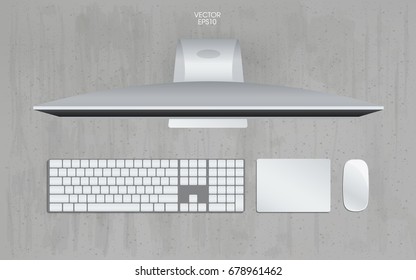 Top View Of Computer, Keyboard, Mouse And Track Pad On Grunge Concrete Texture Background. Mock Up Template For Adding Your Content Or Digital Business Concept. Vector Illustration.