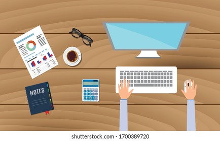 Rechner mit Draufsicht, der auf Holztisch arbeitet_Vektorillustration