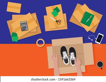 Top view concept preparing for moving product. Packing shipping online delivery and order concept. Flat vector illustration.