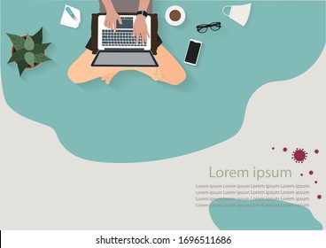 Top view concept of working from home. Relaxation. Work wherever you want with pleasure. Flat vector illustration.
