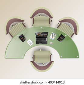 Top view of a conference room. Half round glass table, four chairs. Laptop and tablet computer with office tools in an office interior.