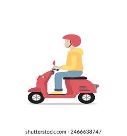 Top view of confident happy courier man wearing colorfull dress and hat gloves sitting on scooter showing order with thumbs up