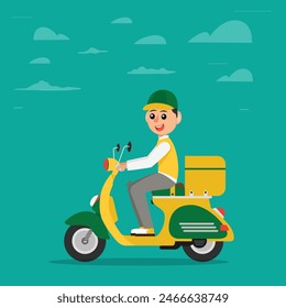 Top view of confident happy courier man wearing colorfull dress and hat gloves sitting on scooter showing order with thumbs up