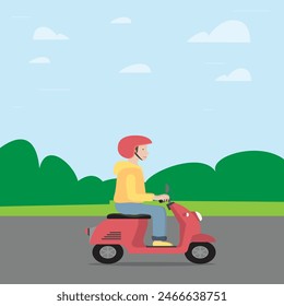 Top view of confident happy courier man wearing colorfull dress and hat gloves sitting on scooter showing order with thumbs up