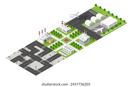 Top view of the construction industry and with 3d isometric factories, mills, boilers and warehouses.