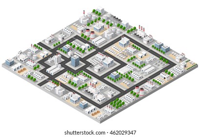 Top view of the construction industry and with 3d isometric factories, mills, boilers and warehouses.