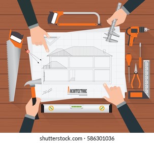 Top view of Construction planning drawings with people working together and using different tools, architecture vector illustration.