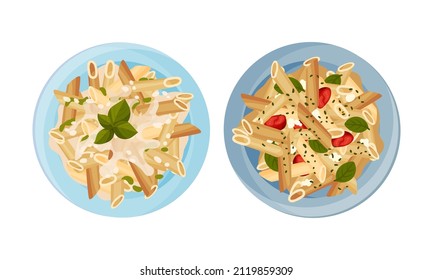 Top view of cooked pasta dishes served on plates vector illustration