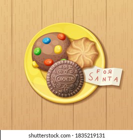 Top View Cookies For Santa Christmas Illustration. Cartoon Cookie Vector Icons On The Plate On The Wooden Table