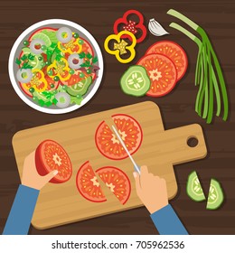 Top view cooking. Cutting of salad. Vector