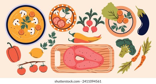 Vista superior del proceso de cocina. Platos y platos sobre la mesa. Cocina. Vector. Aislado. Estilo plano. Verduras, frutas, carne, pescado, sopa. Concepto de proceso de cocina. Clase maestra de cocina. Chef.