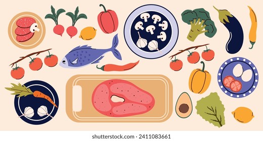 Vista superior del proceso de cocina. Ilustración vectorial. Aislado. Estilo plano. Verduras, frutas, carne, pescado. Concepto de proceso de cocina. Clase maestra de cocina. Chef. Platos y platos sobre la mesa. Cocina