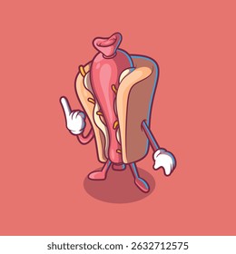 Top View Cool Hot Dog Character vector Illustration. Food, mascot design concept.