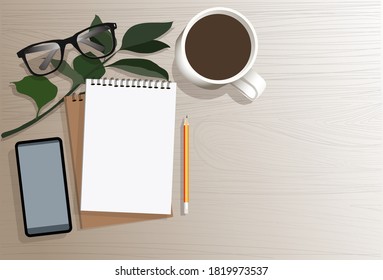 Top view with copy space of white working table with lnote book, pencil, smartphone, cup of coffee and eye glasses. work space concept