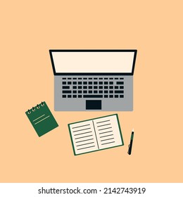 Top view of the copywriter's workplace. Content creation concept. Flat vector laptop and notebook. Minimalistic illustration about writing. 