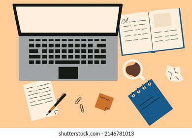 Top view of the copywriter's workplace. Content creation concept. Flat vector laptop, notebook and open book. Illustration about writing. 