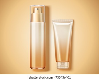 Top view cosmetic mockup, blank containers set in 3d illustration