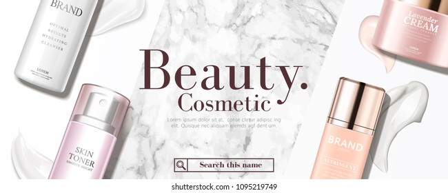 Top view of cosmetic products with its texture on marble stone and white background in 3d illustration