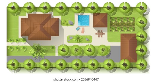 Top view of a country with house, courtyard, lawn and garage.Highly detailed landscape design plan Top view of a house. Vector illustration.