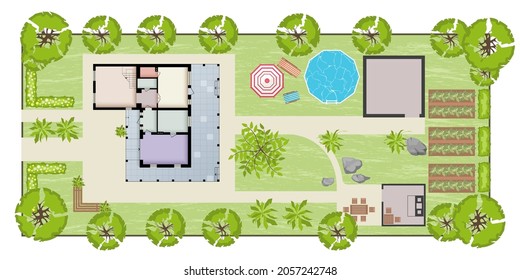 Top view of a country with house, courtyard, lawn and place for BBQ. Highly detailed landscape design plan Top view of a house. Vector illustration.