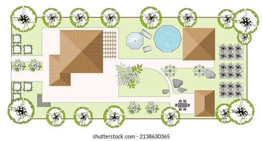 Top view of a country with house, courtyard, lawn and place for BBQ. Highly detailed landscape design plan Top view of a house. Vector illustration.