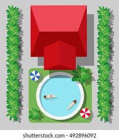 Top view of a country house with a pool and trees