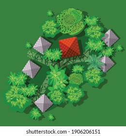Top view of countryside with forest, grass with chalet houses and trees