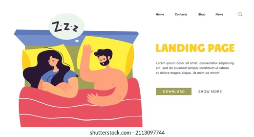 Top view of couple sleeping in bed flat vector illustration. Sad wife having problems with sleep because of her husbands snoring. Apnea, insomnia, noise concept