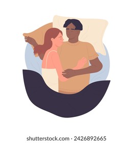 Top view of couple sleeping in bed. Dreaming people in bedroom, bedtime routine cartoon vector illustration