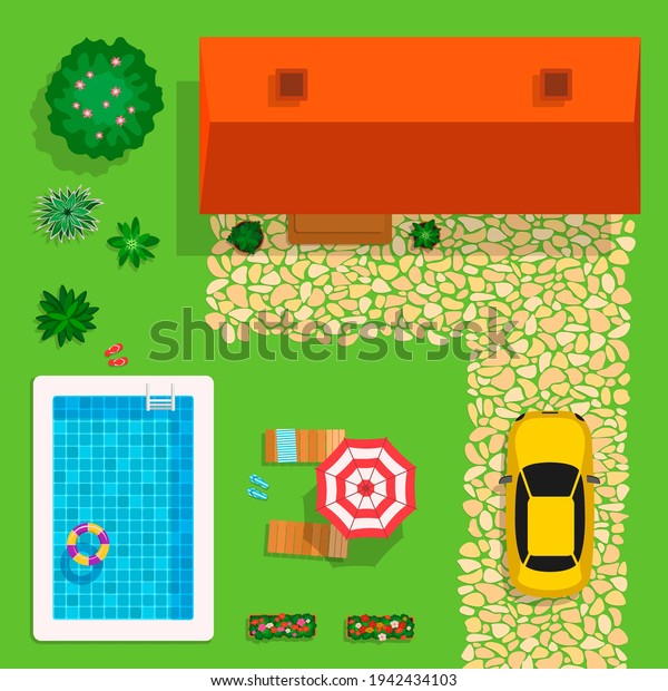 Top view of courtyard with\
house, lawn, car and pool. Cartoon flat style. Vector\
illustration