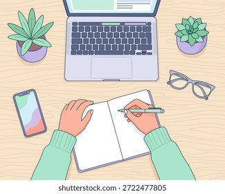 Vista superior del acogedor espacio de trabajo con computadora portátil abierta, persona escribiendo en un cuaderno, teléfono inteligente, gafas y suculentas plantas en un escritorio de madera, Ilustración vectorial plana, trabajo independiente, estudio y creatividad.