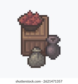 top view crate and jar goods in pixel art style with isolated background