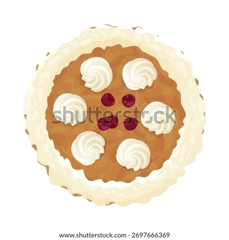 A top view of a cream cake decorated with dollops of whipped cream and cherries. This treat is perfect for celebrations and special occasions, offering a sweet, inviting presentation.
