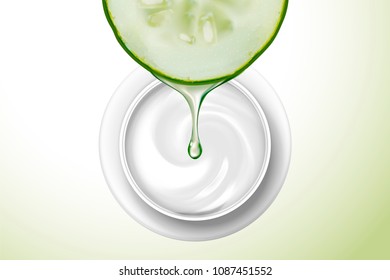 Top view of cream jar with cucumber dripping serum in 3d illustration