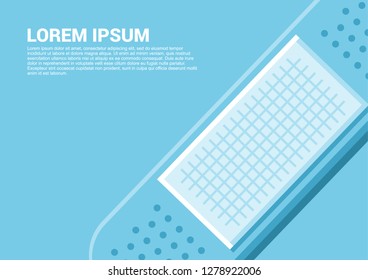 Top view creative background, template, cover with medical patch and space for text. Vector illustration, flat style. Blue colors.