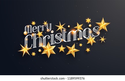 Top View of Creative lettering of Merry Christmas decorated with golden stars on black background for festival celebration.